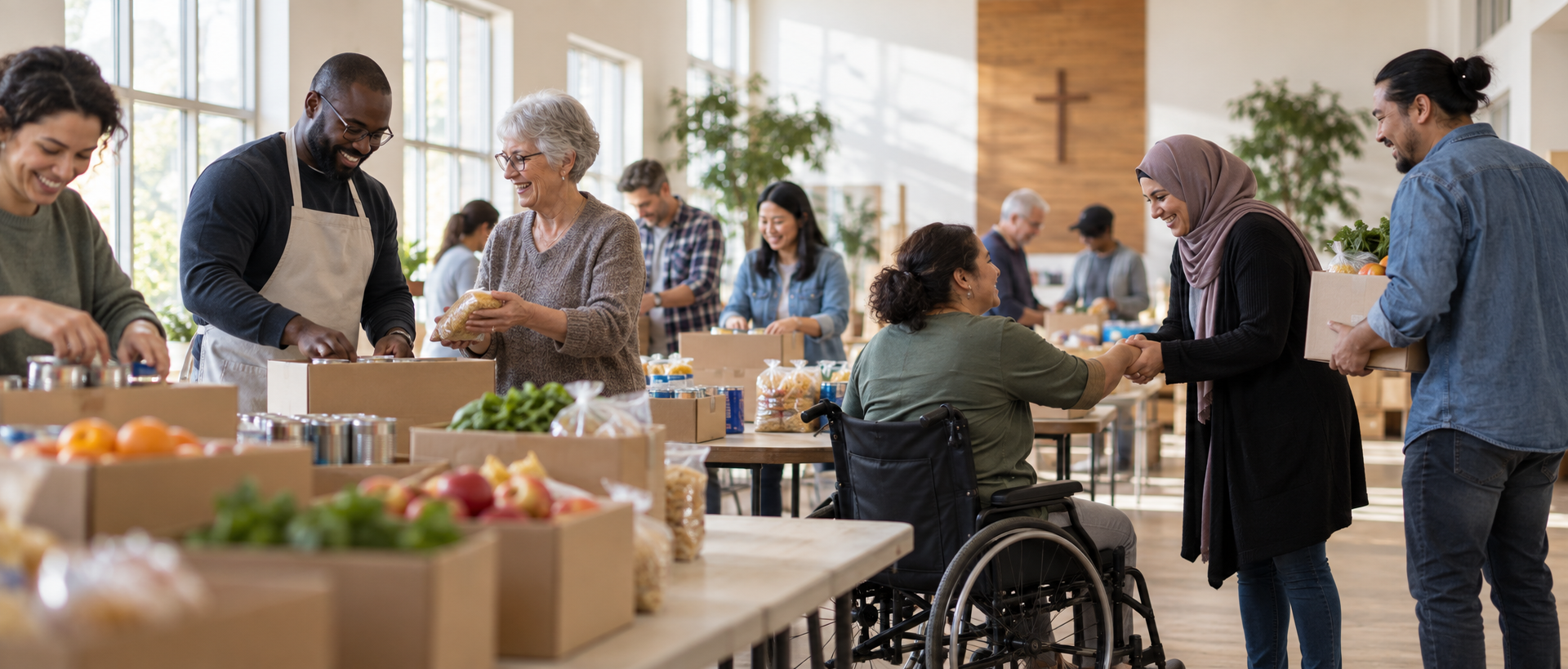 Volunteers preparing food boxes together in a bright community hall